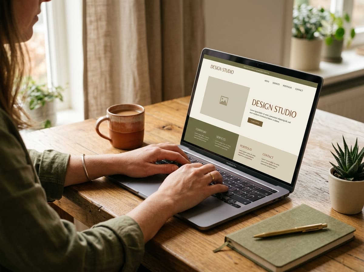 Iemand typt op een laptop met een nieuw, modern websiteontwerp in warme tinten