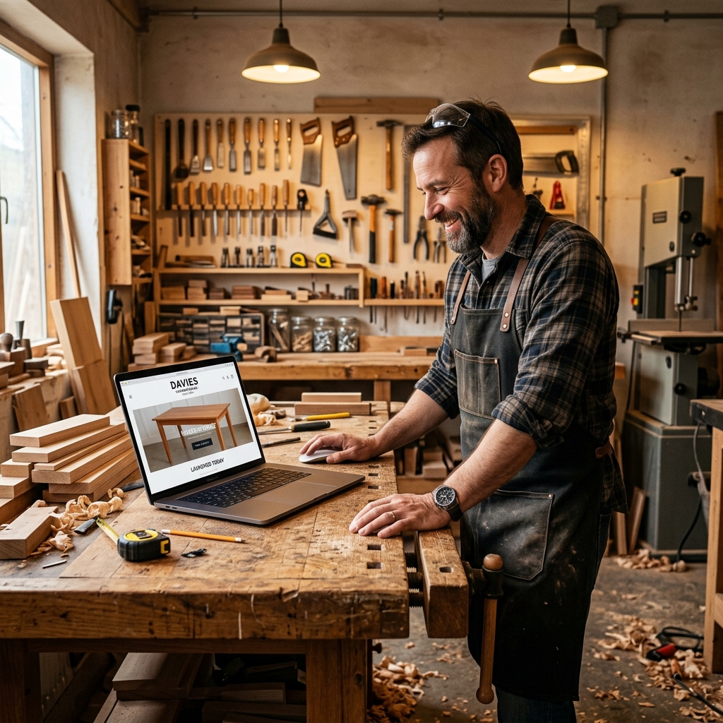 Blije vakman in zijn werkplaats met zijn nieuwe website live
